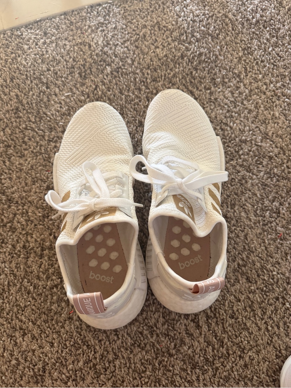 adidas NMD R1 White Sneakers with Gold metallic Accent Stripes - Picture 2 of 6